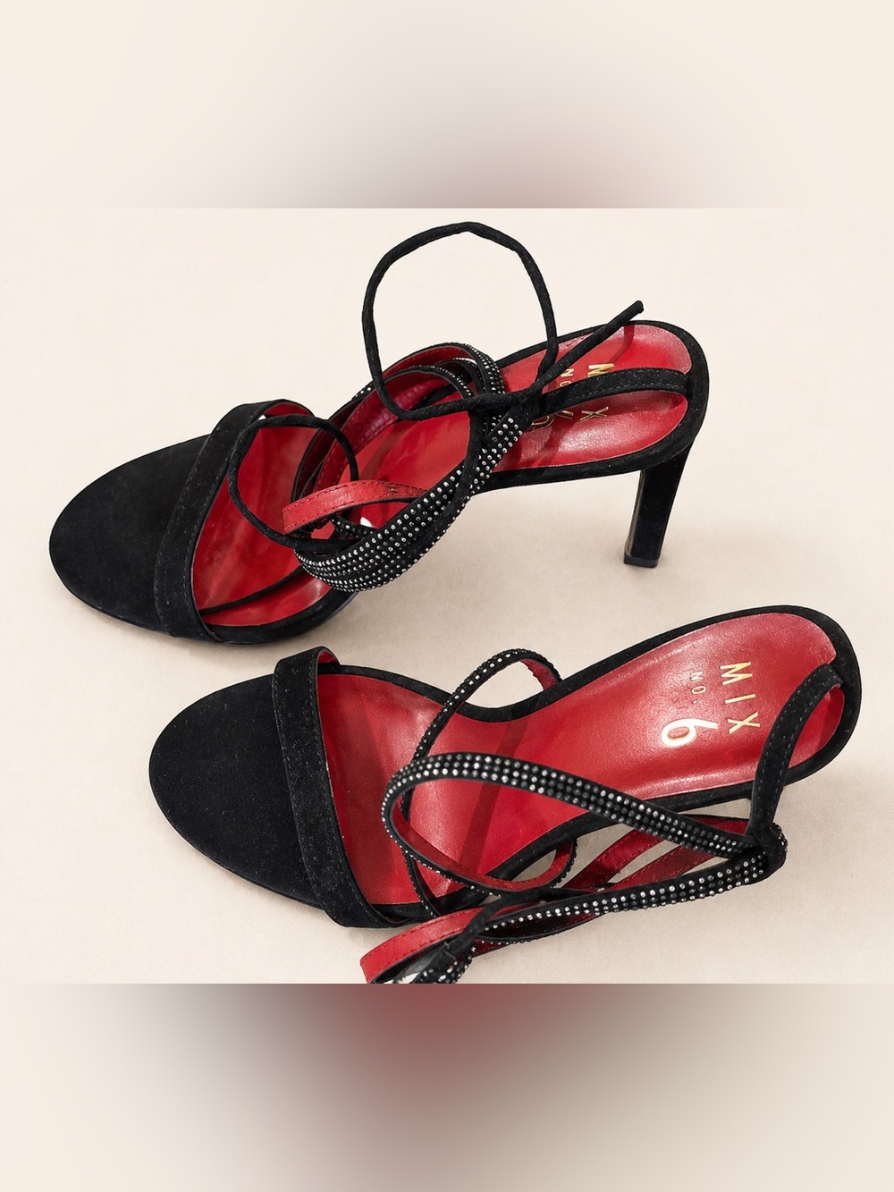 Mix No. 6 Black Strappy Rhinestone Accent Heels with Red Insole